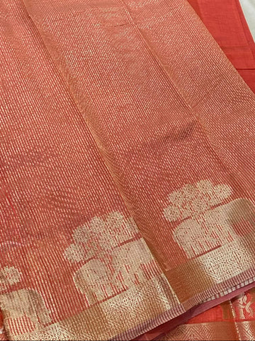 Semi Tussar Silk Saree Burnt Orange Shade with Antique Gold Zari Elephant Border | Glow & Glitter Boutique