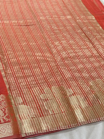 Semi Tussar Silk Saree Burnt Orange Shade with Antique Gold Zari Elephant Border | Glow & Glitter Boutique