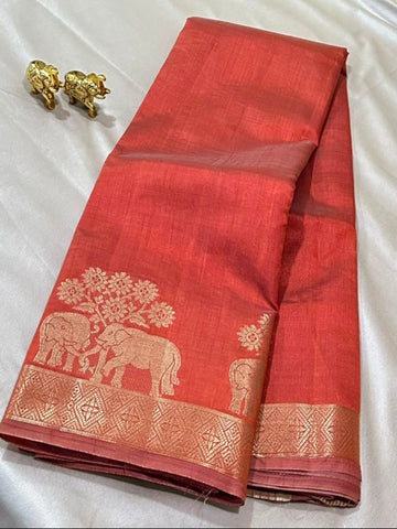 Semi Tussar Silk Saree Burnt Orange Shade with Antique Gold Zari Elephant Border | Glow & Glitter Boutique