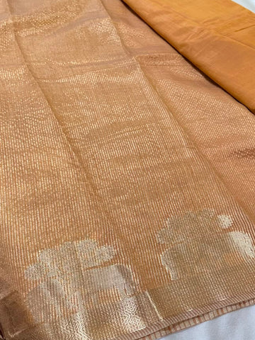 Semi Tussar Silk Saree Golden Mustard with Antique Gold Zari Elephant Border | Glow & Glitter Boutique