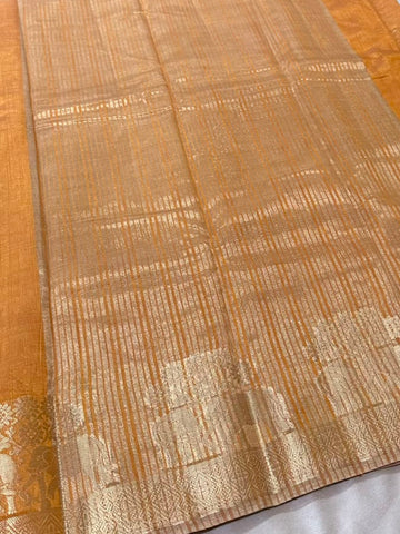Semi Tussar Silk Saree Golden Mustard with Antique Gold Zari Elephant Border | Glow & Glitter Boutique