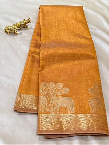 Semi Tussar Silk Saree Golden Mustard with Antique Gold Zari Elephant Border | Glow & Glitter Boutique