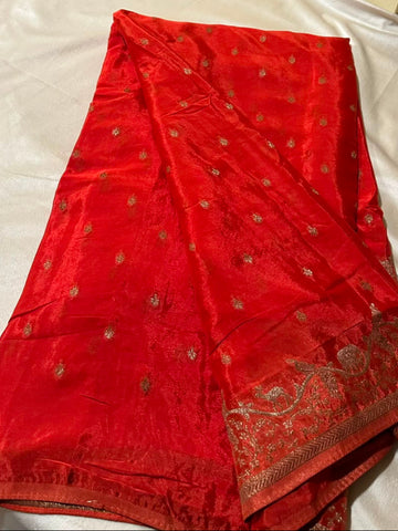 Banaras Crepe silk saree Burnt Orange Color | Glow & Glitter Boutique