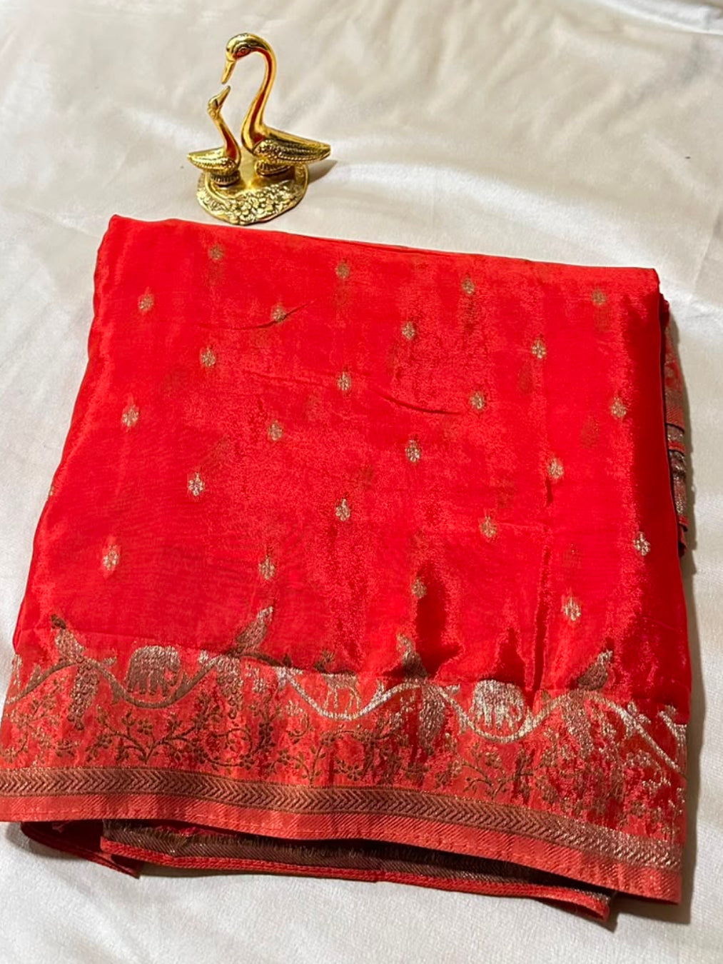 Banaras Crepe silk saree Burnt Orange Color | Glow & Glitter Boutique