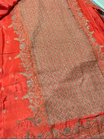 Banaras Crepe silk saree Burnt Orange Color | Glow & Glitter Boutique