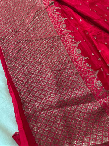 Banaras Crepe silk saree Cherry Red Color | Glow & Glitter Boutique