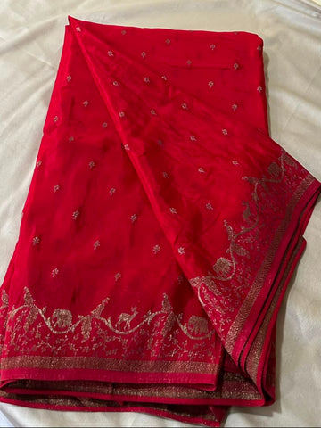 Banaras Crepe silk saree Cherry Red Color | Glow & Glitter Boutique