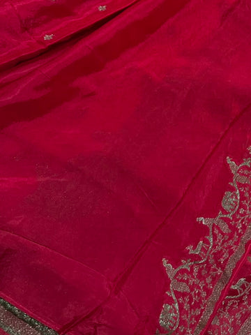 Banaras Crepe silk saree Cherry Red Color | Glow & Glitter Boutique