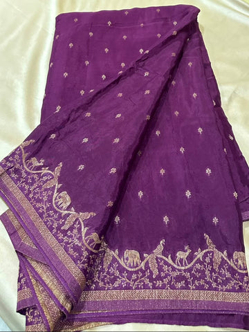 Banaras Crepe silk saree Wine Shade | Glow & Glitter Boutique