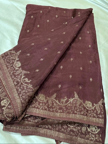 Banaras Crepe silk saree Coco Brown Shade | Glow & Glitter Boutique