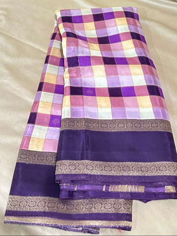Premium Kanchi silk saree Royal Purple With Multi Checks | Glow & Glitter Boutique