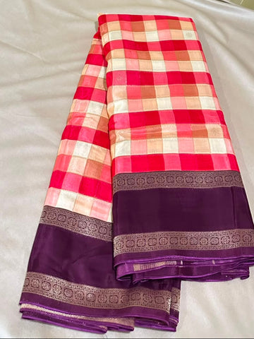 Premium Kanchi silk saree Pink, Peach & Cream Checks with Wine Border | Glow & Glitter Boutique
