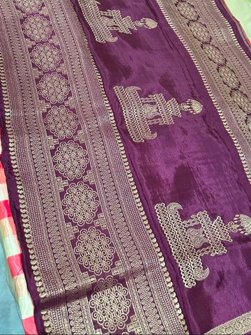 Premium Kanchi silk saree Pink, Peach & Cream Checks with Wine Border | Glow & Glitter Boutique