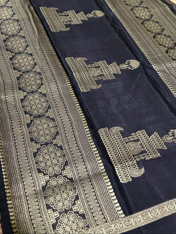 Premium Kanchi silk saree Pink, Peach & Mustard Checks with Black Border | Glow & Glitter Boutique