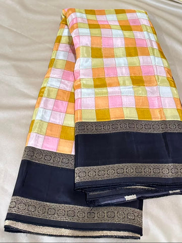 Premium Kanchi silk saree Pink, Peach & Mustard Checks with Black Border | Glow & Glitter Boutique