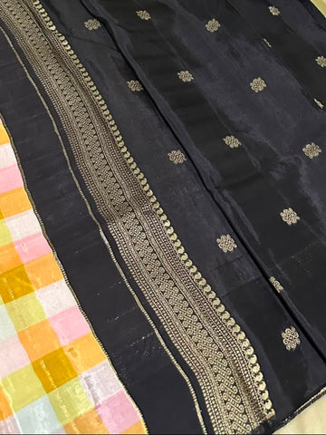 Premium Kanchi silk saree Pink, Peach & Mustard Checks with Black Border | Glow & Glitter Boutique