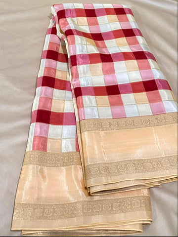 Premium Kanchi silk saree Rani Pink & Cream Checks with Ivory Zari Border | Glow & Glitter Boutique