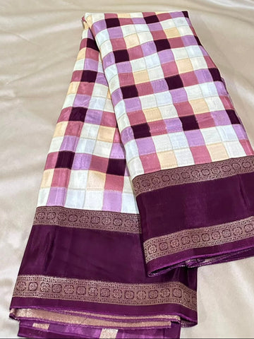 Premium Kanchi Silk Saree Wine Border Multicolor Checked | Glow & Glitter Boutique