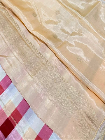 Premium Kanchi silk saree Rani Pink & Cream Checks with Ivory Zari Border | Glow & Glitter Boutique