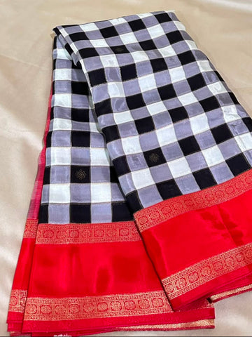 Premium Kanchi silk saree Black & Silver Grey Checks with Red Border | Glow & Glitter Boutique