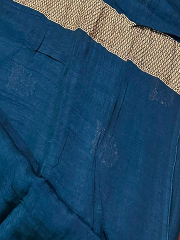 Matka Tussar Silk Peacock Blue with Gold Zari & Multicolor Border | Glow & Glitter Boutique
