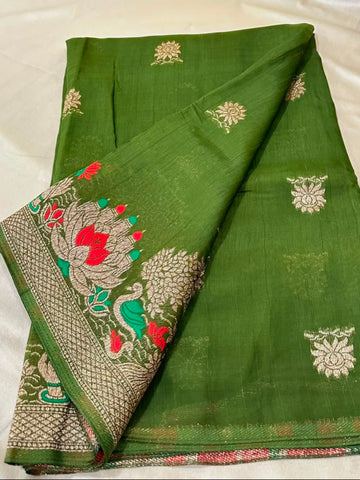 Matka Tussar silk Olive Green Mix with Gold Zari & Multicolor Border | Glow & Glitter Boutique