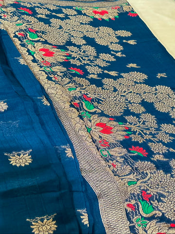 Matka Tussar Silk Peacock Blue with Gold Zari & Multicolor Border | Glow & Glitter Boutique
