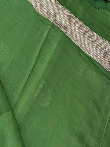 Matka Tussar silk Olive Green Mix with Gold Zari & Multicolor Border | Glow & Glitter Boutique