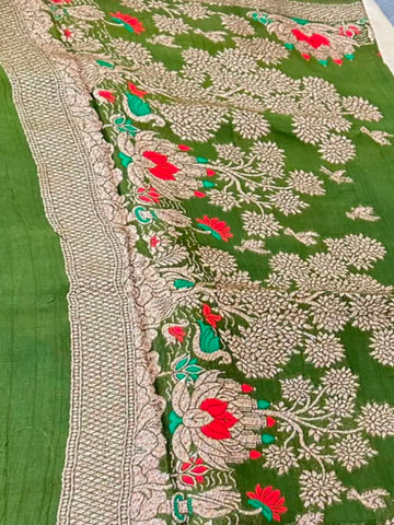 Matka Tussar silk Olive Green Mix with Gold Zari & Multicolor Border | Glow & Glitter Boutique