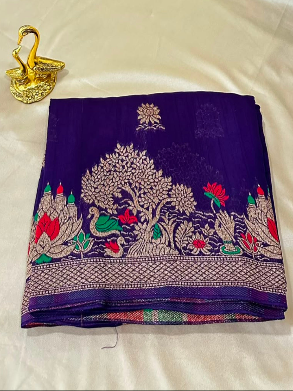 Matka Tussar Silk Purple Shade with Gold Zari & Multicolor Border | Glow & Glitter Boutique