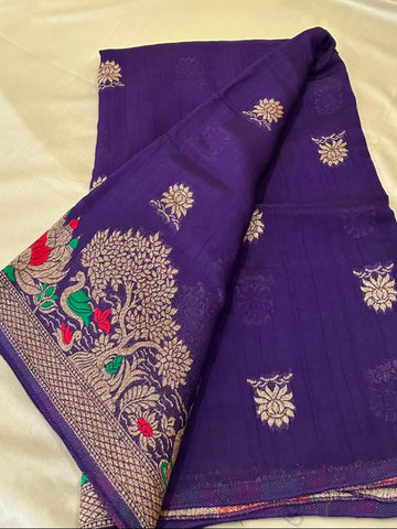 Matka Tussar Silk Purple Shade with Gold Zari & Multicolor Border | Glow & Glitter Boutique