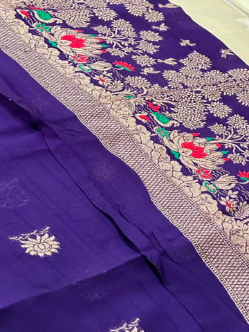 Matka Tussar Silk Purple Shade with Gold Zari & Multicolor Border | Glow & Glitter Boutique