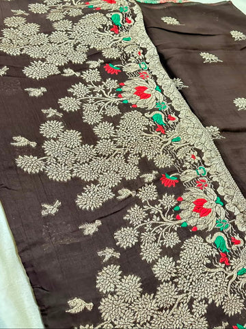 Matka Tussar Silk Dark Chocolate Brown Shade With Gold Zari | Glow & Glitter Boutique