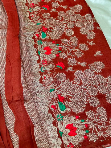 Matka Tussar Silk Rust Brown with Gold Zari & Multicolor Border | Glow & Glitter Boutique