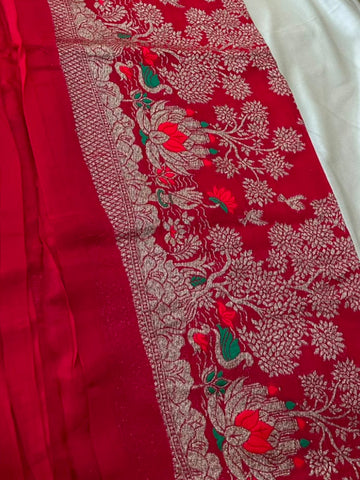 Matka Tussar Silk Cherry Red Shade With Gold Zari & Multicolor Border | Glow & Glitter Boutique