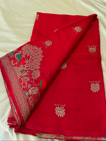 Matka Tussar Silk Cherry Red Shade With Gold Zari & Multicolor Border | Glow & Glitter Boutique