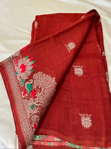 Matka Tussar Silk Rust Brown with Gold Zari & Multicolor Border | Glow & Glitter Boutique