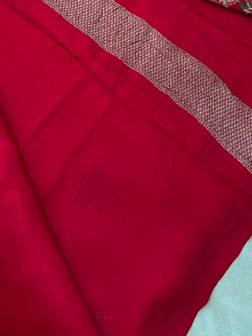 Matka Tussar Silk Cherry Red Shade With Gold Zari & Multicolor Border | Glow & Glitter Boutique