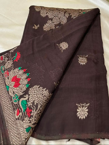 Matka Tussar Silk Dark Chocolate Brown Shade With Gold Zari | Glow & Glitter Boutique