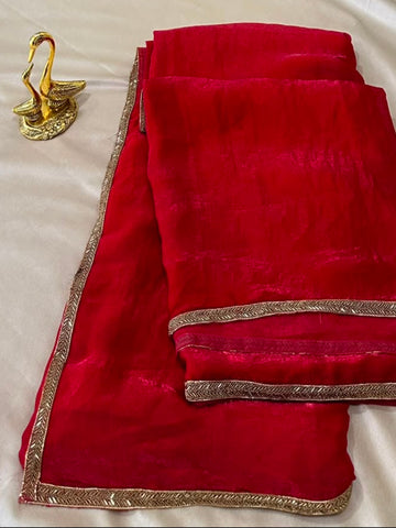 Shimmer Silk Saree Red Shade with Antique Gold Zari Border | Glow & Glitter Boutique