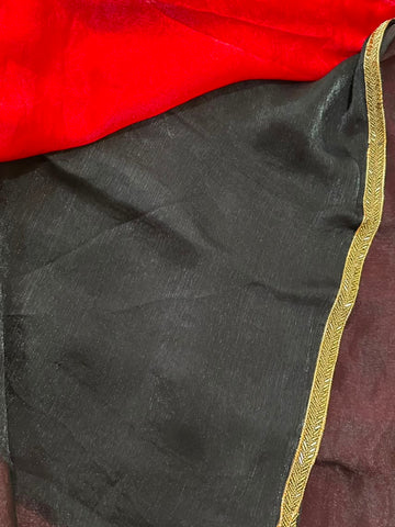 Shimmer Silk Saree Red Shade with Antique Gold Zari Border | Glow & Glitter Boutique