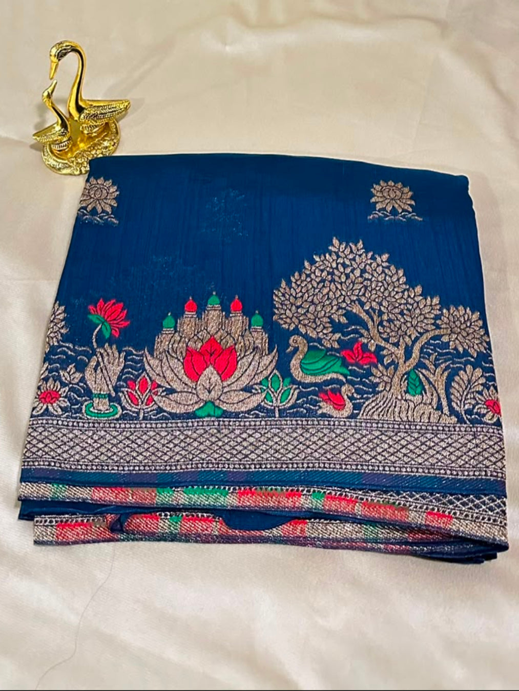 Matka Tussar Silk Peacock Blue with Gold Zari & Multicolor Border | Glow & Glitter Boutique