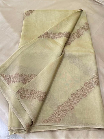 Matka Tussar silk Ivory Cream with Antique Silver Zari Border | Glow & Glitter Boutique
