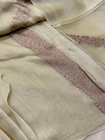 Matka Tussar silk Ivory Cream with Antique Silver Zari Border | Glow & Glitter Boutique