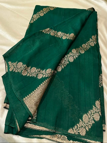Matka Tussar Silk Bottle Green with Gold Zari Floral Border | Glow & Glitter Boutique
