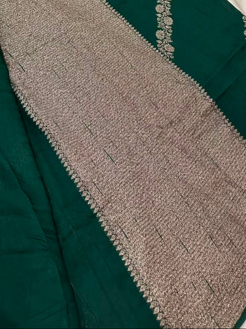Matka Tussar Silk Bottle Green with Gold Zari Floral Border | Glow & Glitter Boutique
