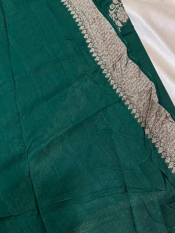 Matka Tussar Silk Bottle Green with Gold Zari Floral Border | Glow & Glitter Boutique