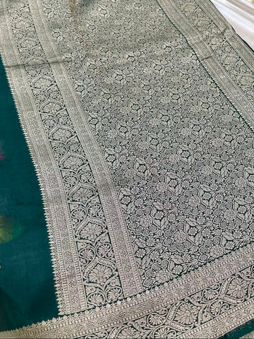 Banaras Digital Silk Saree Emerald Green with Gold Zari Border | Glow & Glitter Boutique