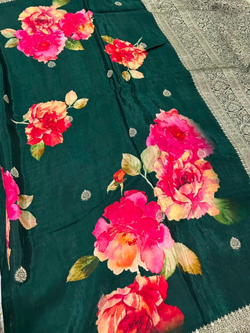 Banaras Digital Silk Saree Emerald Green with Gold Zari Border | Glow & Glitter Boutique