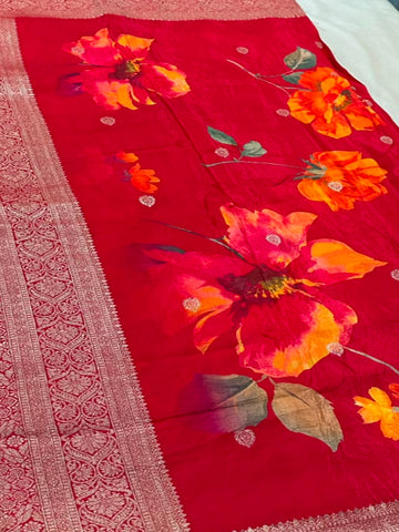 Banaras digital silk saree Red Color With Gold Zari Border | Glow & Glitter Boutique